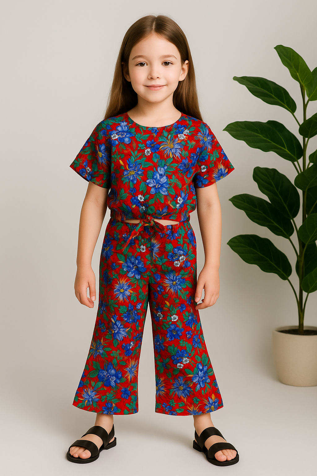 Red Floral-Crop-top with Bell Bottom -CT168