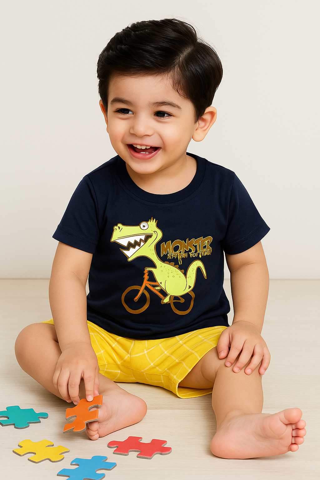 Kids Cotton T-Shirt & Shorts Set |Monster Cycling Dino -Blue -CS1117