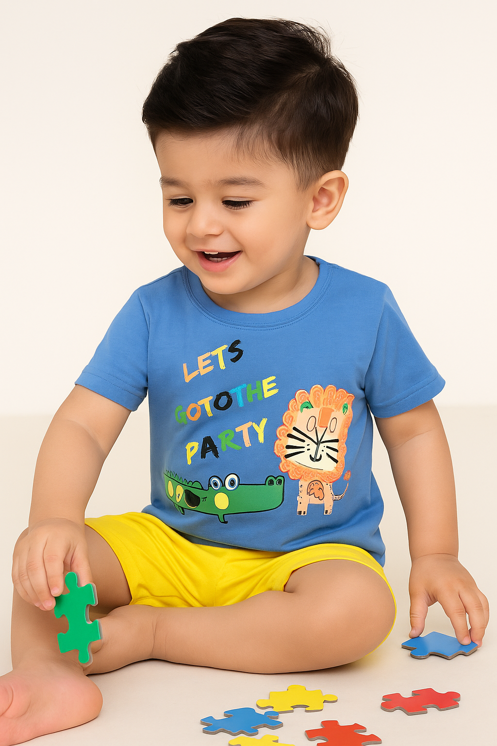 Kids Cotton T-Shirt & Shorts Set |Lets go to the party -Blue -CS1105