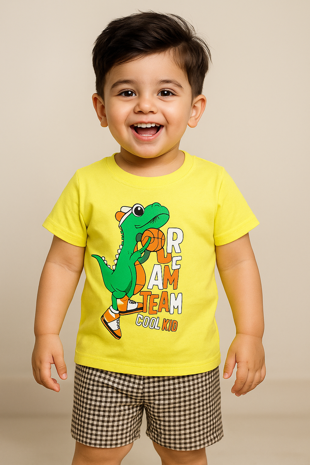 Kids Cotton T-Shirt & Shorts Set |Dream Team Dino -Yellow -CS1128