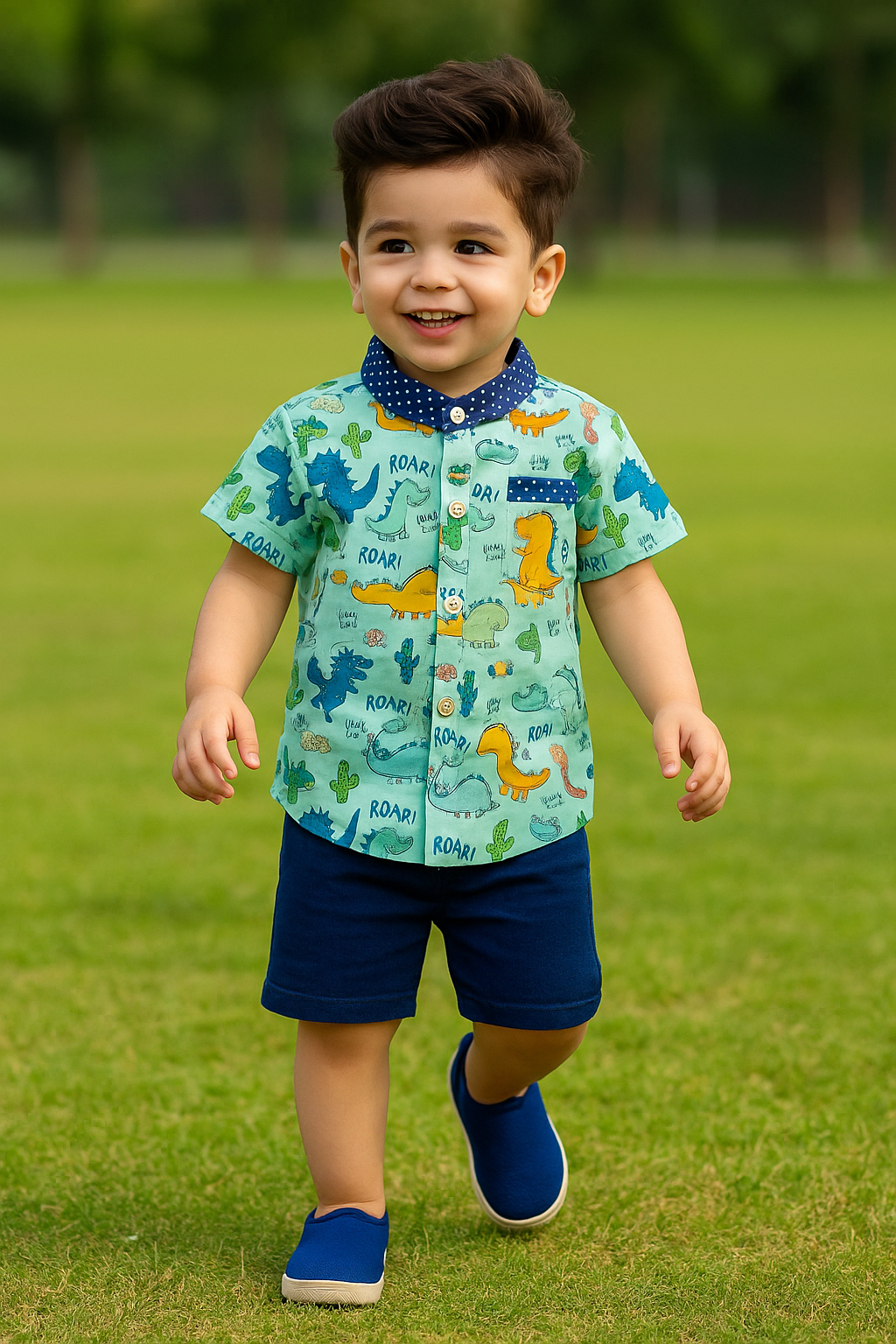 Funky Cotton Shirt with Shorts Set |Aqua Dino Valley -FS1006