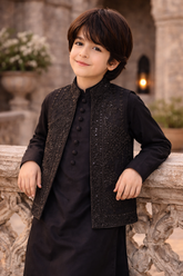 Boys 3 Piece Waistcoat Suit – Kurta Pajama Set - Art 643 Black Sequins