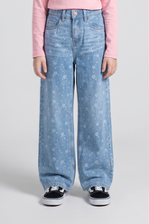 Girls Daisy Light Wash Floral Print Wide-Leg Jeans. DJ10
