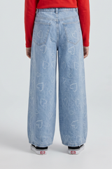 Girls Light Blue Printed Heart Wide-Leg Denim Jeans. DJ15