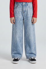 Girls Light Blue Printed Heart Wide-Leg Denim Jeans. DJ15