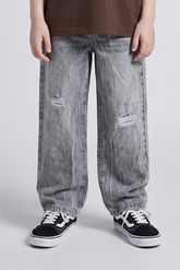 Unisex Grey Ripped Wide-Leg Denim Jeans - DJ5