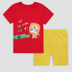 Kids Cotton T-Shirt & Shorts Set |Lets go to the party -Red -CS1106 - Maa Sadqay