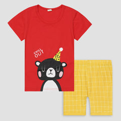 Kids Cotton T-Shirt & Shorts Set |Chill out Bear -Red -CS1129 - Maa Sadqay