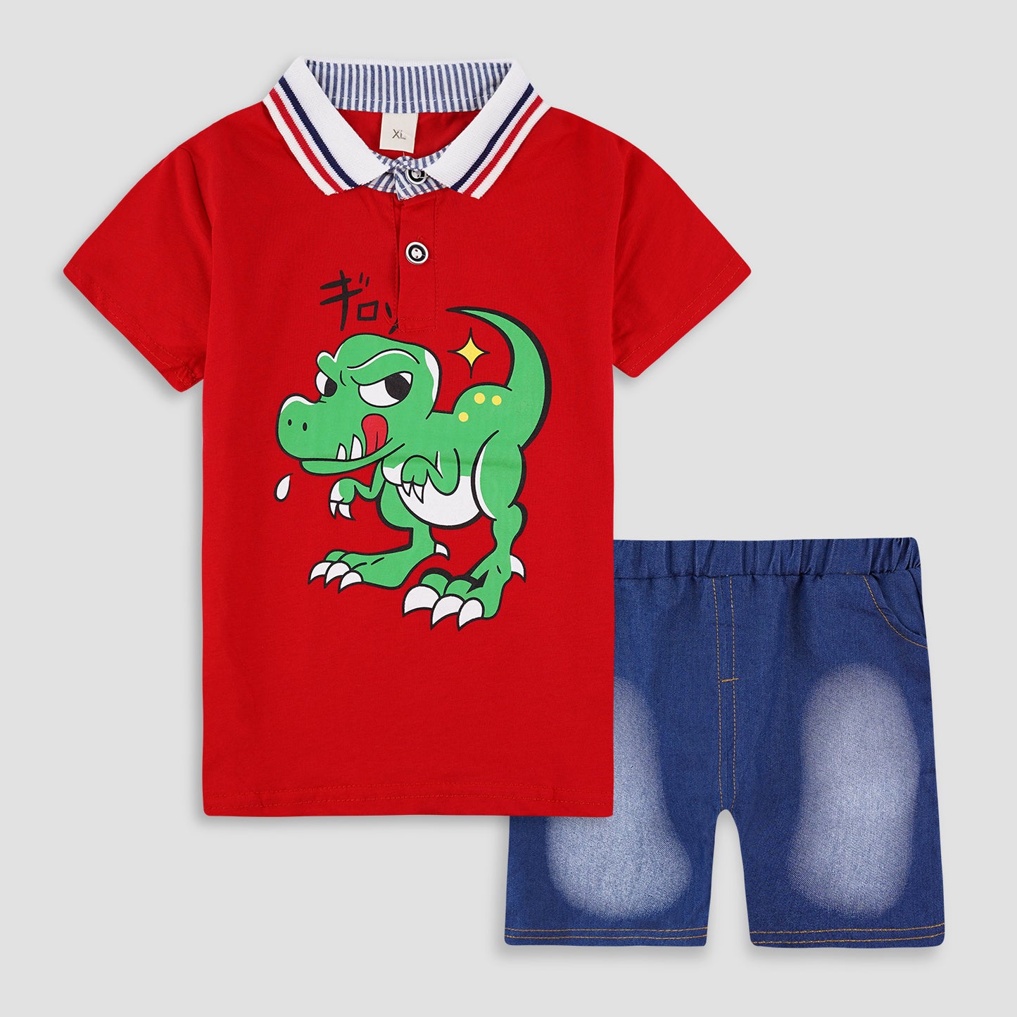 Polo Shirt & Shorts Set |Red Naughty Dino -PD105
