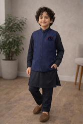 Boys 3 Piece Waistcoat Suit – Kurta Shalwar/Pajama Set - Art 567 Navy Blue