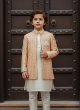 Classic Textured jacquard Open-Front Gown - Peach OG-4 - Maa Sadqay