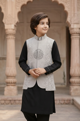 Boys Premium 3 Piece Waistcoat Suit – Kurta Shalwar/Pajama Set - Art 1483 Black - Maa Sadqay