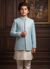 Classic Textured jacquard Open-Front Gown -Sky OG-5 - Maa Sadqay