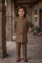 Boys 3 Piece Waistcoat Suit – Kurta Shalwar/Pajama Set - Art 261 Brown