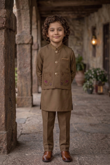 Boys 3 Piece Waistcoat Suit – Kurta Shalwar/Pajama Set - Art 261 Brown