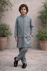 Boys 3 Piece Waistcoat Suit – Kurta Shalwar/Pajama Set - Art 727 Grey