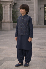 Boys 3 Piece Waistcoat Suit – Kurta Shalwar/Pajama Set - Art 468 Navy Blue