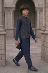 Boys 3 Piece Waistcoat Suit – Kurta Shalwar/Pajama Set - Art 468 Navy Blue