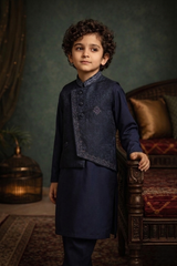 Boys 3 Piece Waistcoat Suit – Kurta Shalwar/Pajama Set - Art KB36 Navy