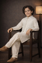 Boys 3 Piece Waistcoat Suit – Kurta Pajama Set - Art 630 Off White