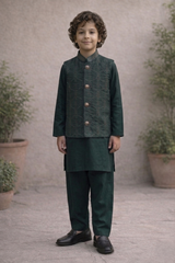 Boys 3 Piece Waistcoat Suit – Kurta Shalwar/Pajama Set - Art 468 Bottle Green