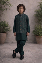 Boys 3 Piece Waistcoat Suit – Kurta Shalwar/Pajama Set - Art 468 Bottle Green