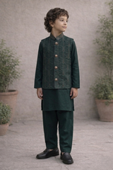 Boys 3 Piece Waistcoat Suit – Kurta Shalwar/Pajama Set - Art 468 Bottle Green