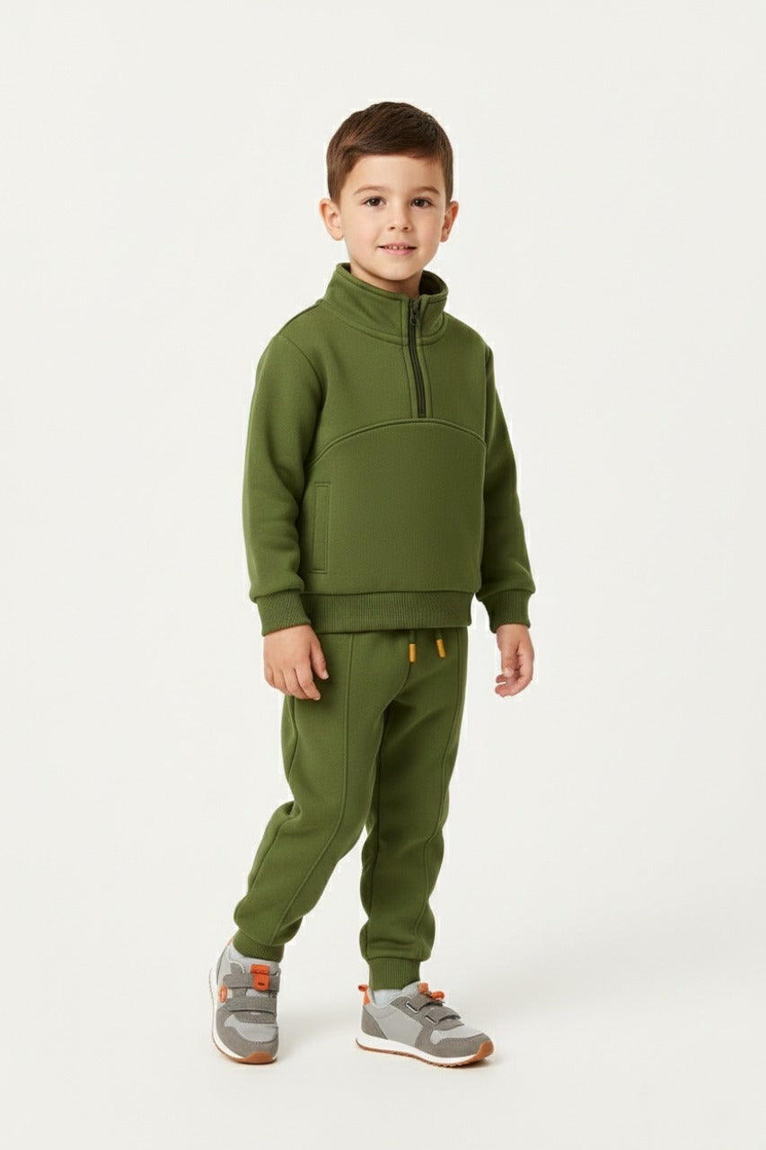 Premium Fleece Unisex Half Zipper Jogger Suit - Olive