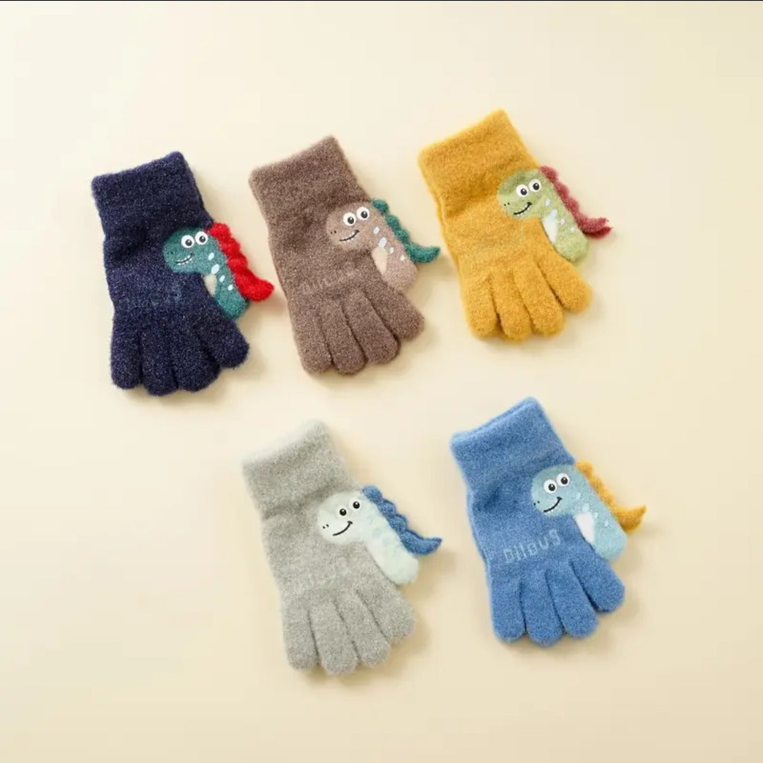 Kids Warm Woolen Premium Plush Gloves - Dino Thumb 6-12 y