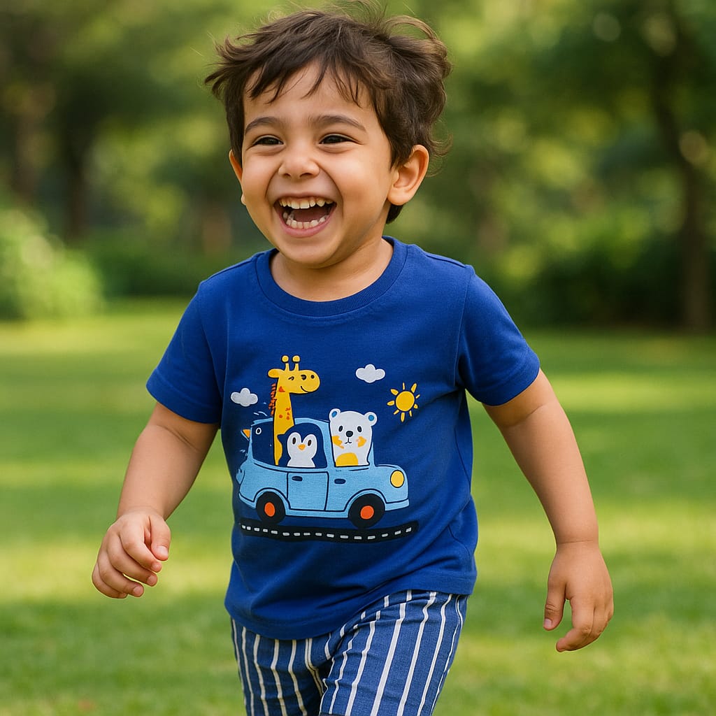 Kids Cotton T-Shirt & Shorts Set |Jungle Car -Blue -CS1112