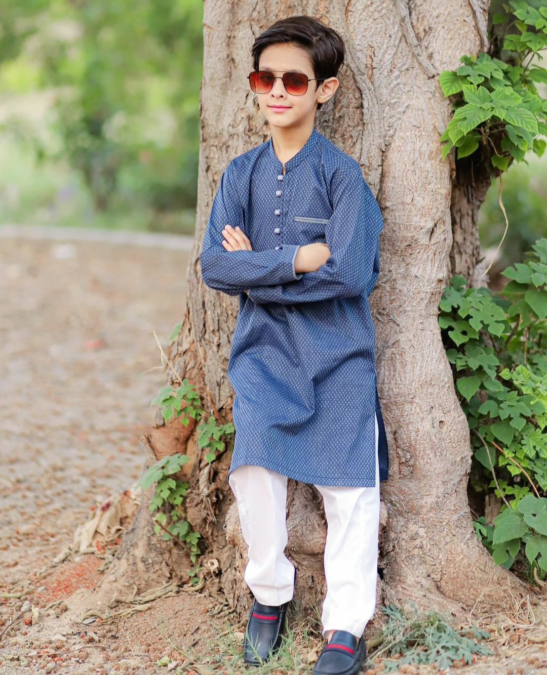 Blue n Gray Self Print with Loops Kurta Trouser -Father Son Duos