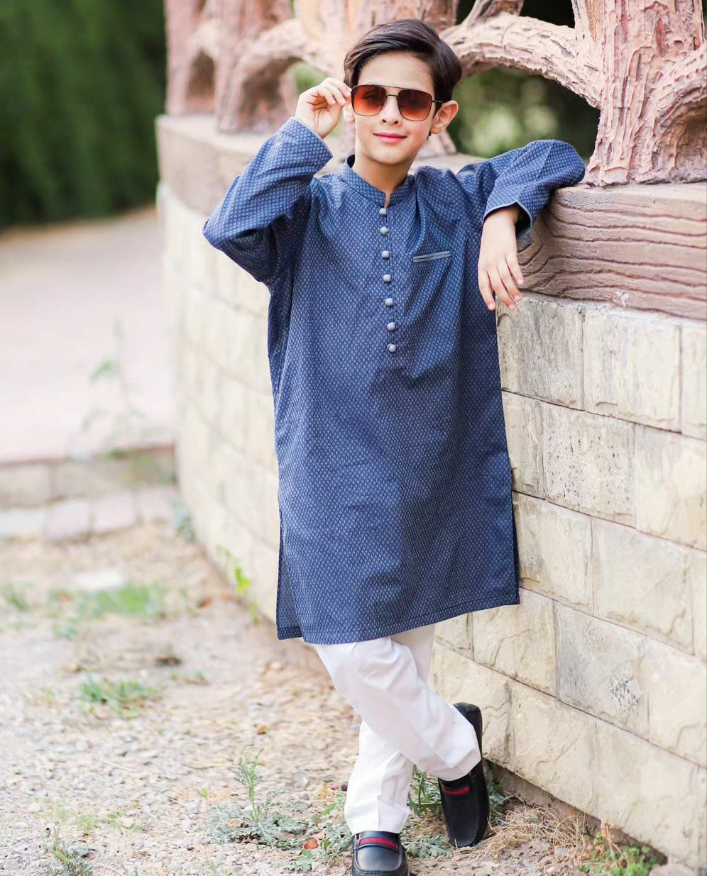 Blue n Gray Self Print with Loops Kurta Trouser -Father Son Duos