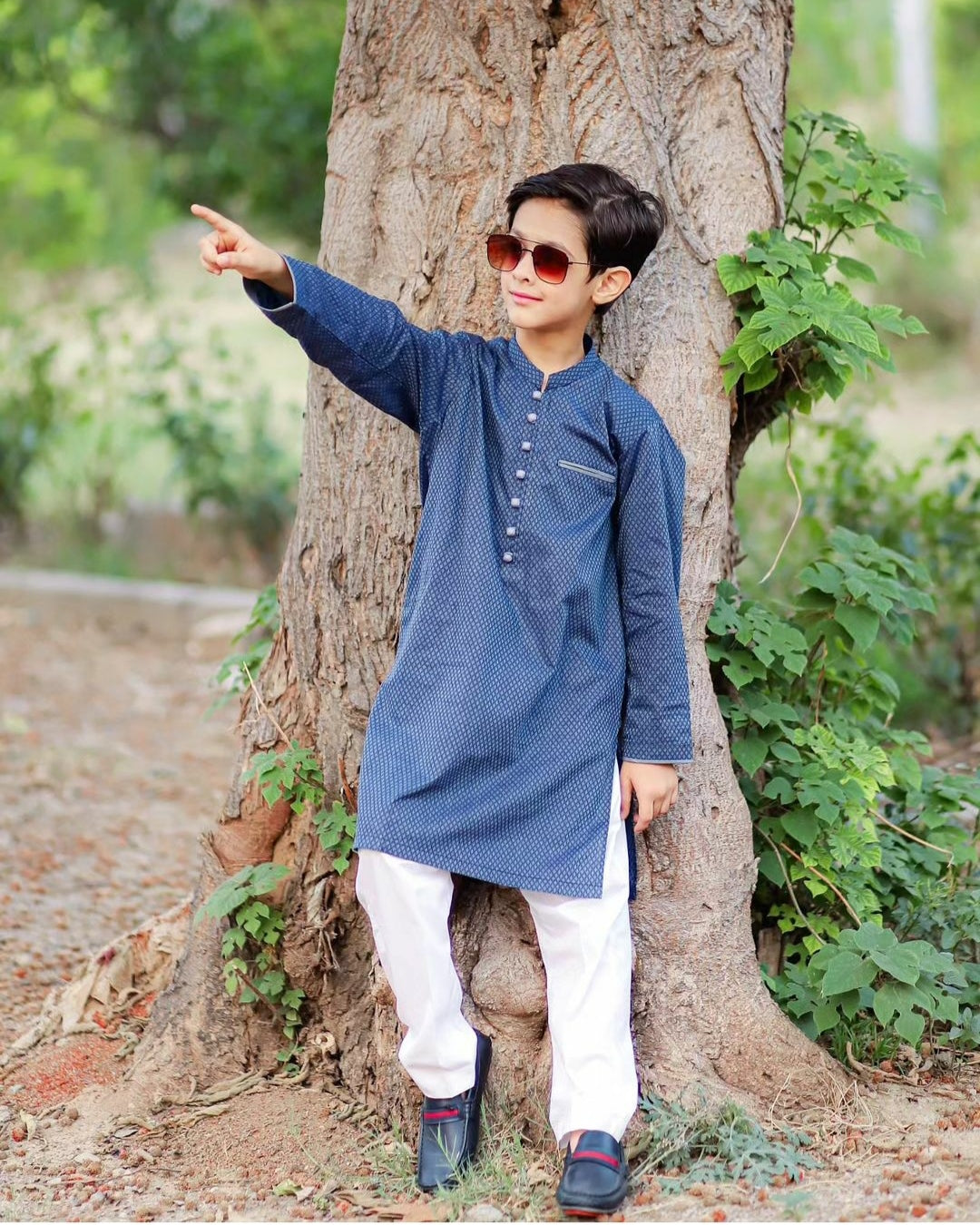 Blue n Gray Self Print with Loops Kurta Trouser -Father Son Duos