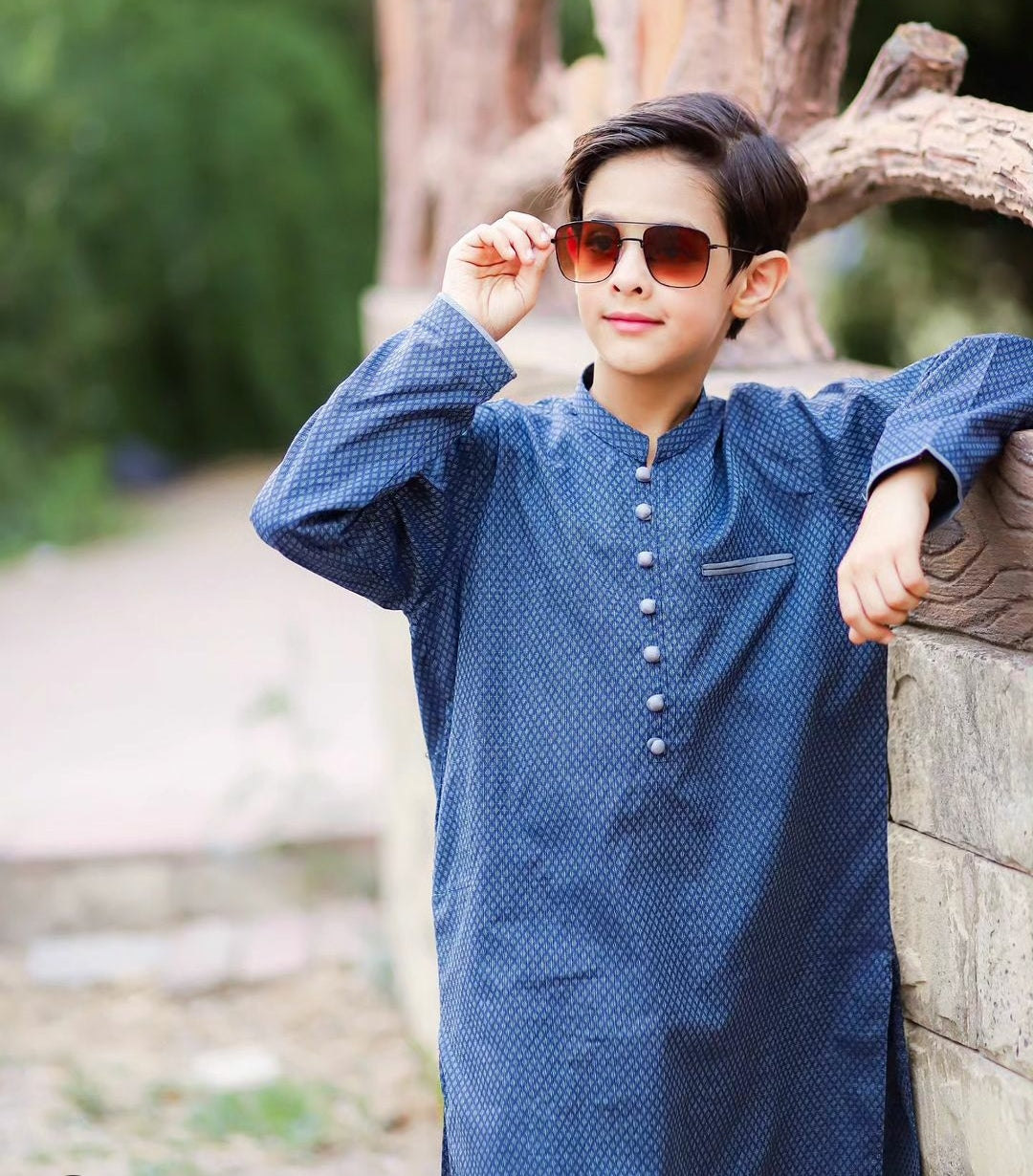 Blue n Gray Self Print with Loops Kurta Trouser -Father Son Duos