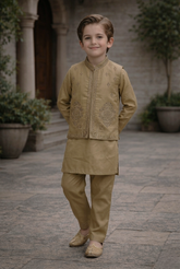 Boys 3 Piece Waistcoat Suit – Kurta Shalwar/Pajama Set - Art 727 Skin