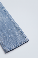 Girls Light Blue Printed Heart Wide-Leg Denim Jeans. DJ15