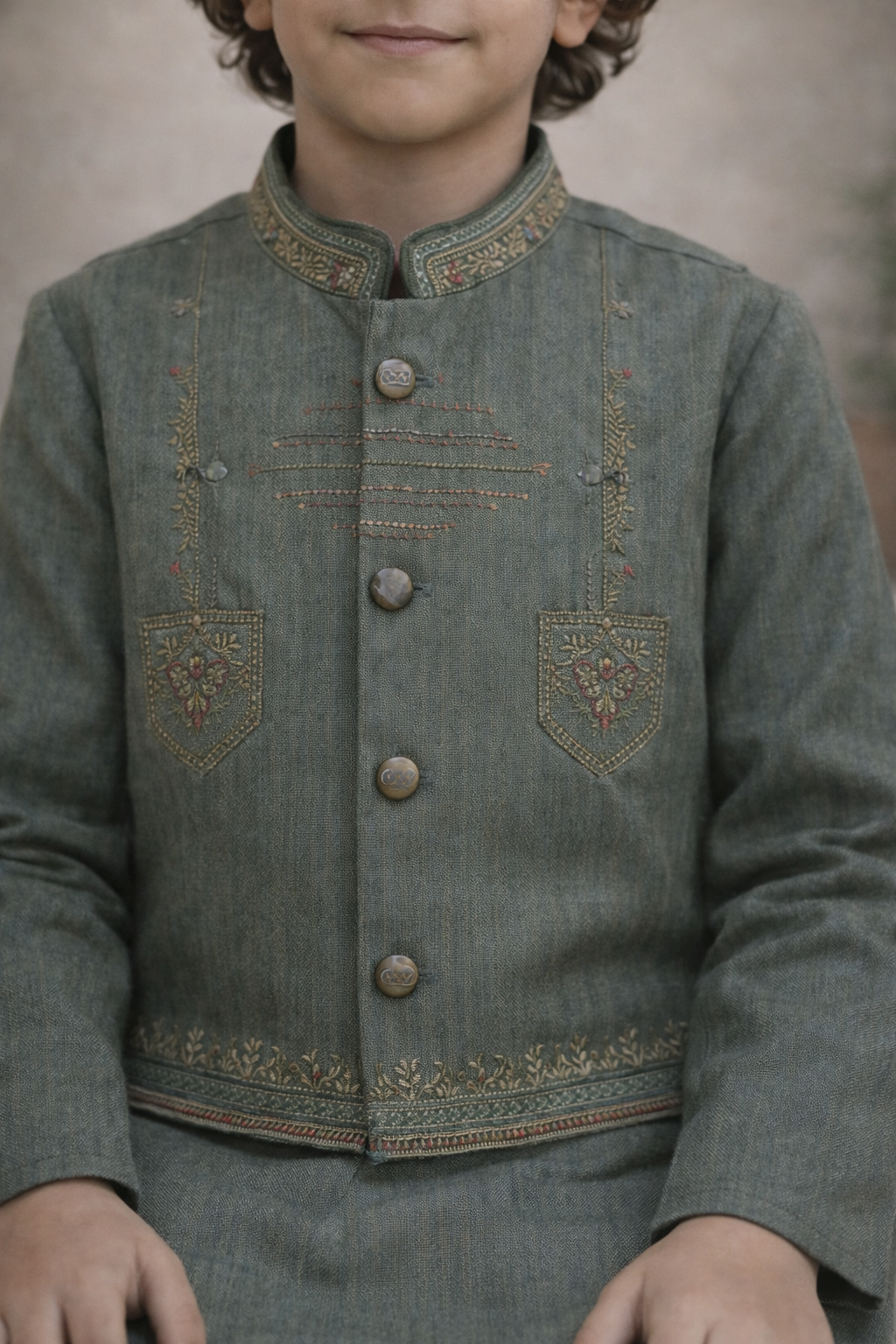 Boys 3 Piece Waistcoat Suit – Kurta Shalwar/Pajama Set - Art 160 Green - Maa Sadqay