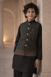 Boys Premium 3 Piece Waistcoat Suit – Kurta Shalwar/Pajama Set - Art 1014 Black - Maa Sadqay