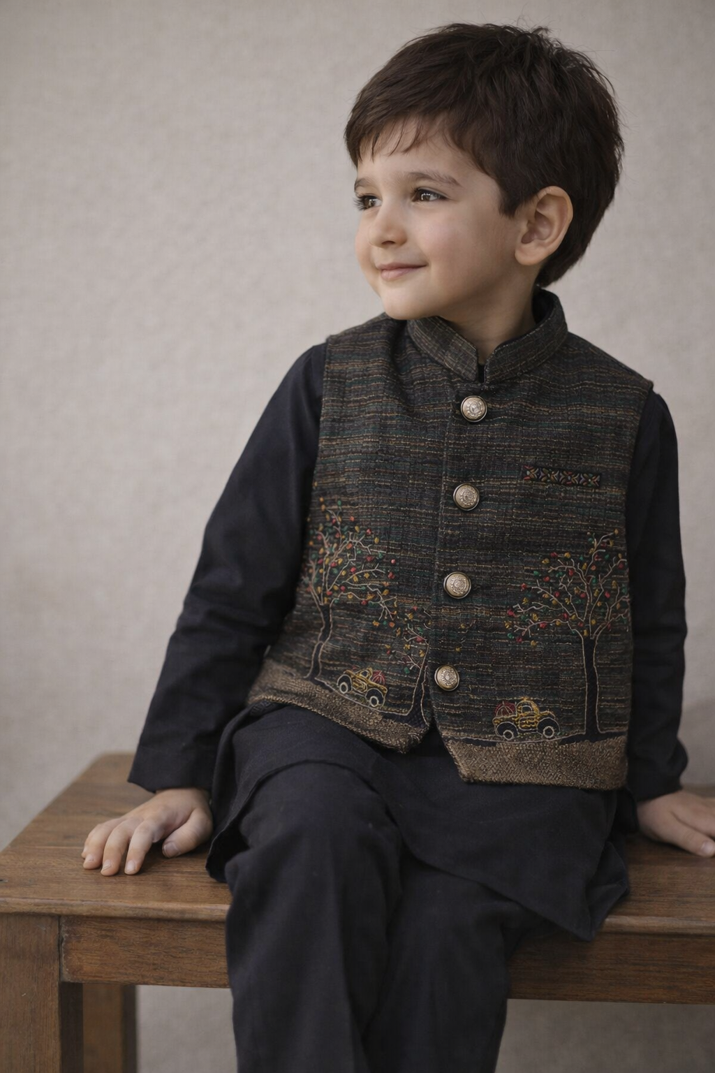 Boys Premium 3 Piece Waistcoat Suit – Kurta Shalwar/Pajama Set - Art 466 Black - Maa Sadqay
