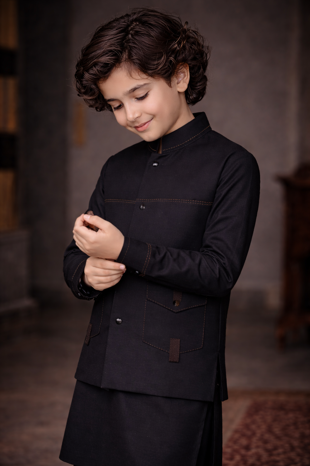 Boys Premium Al karam 3 Piece Waistcoat Suit – Kurta Shalwar/Pajama Set - Art 2600 Black - Maa Sadqay