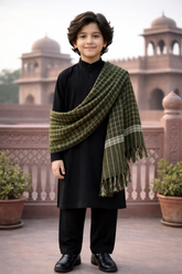 Boys Premium Checkered Woolen Shawl - Dark Green