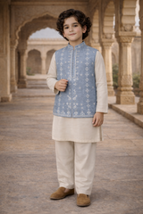Boys Embroidered Waistcoat Soft Blue-WC03 - Maa Sadqay