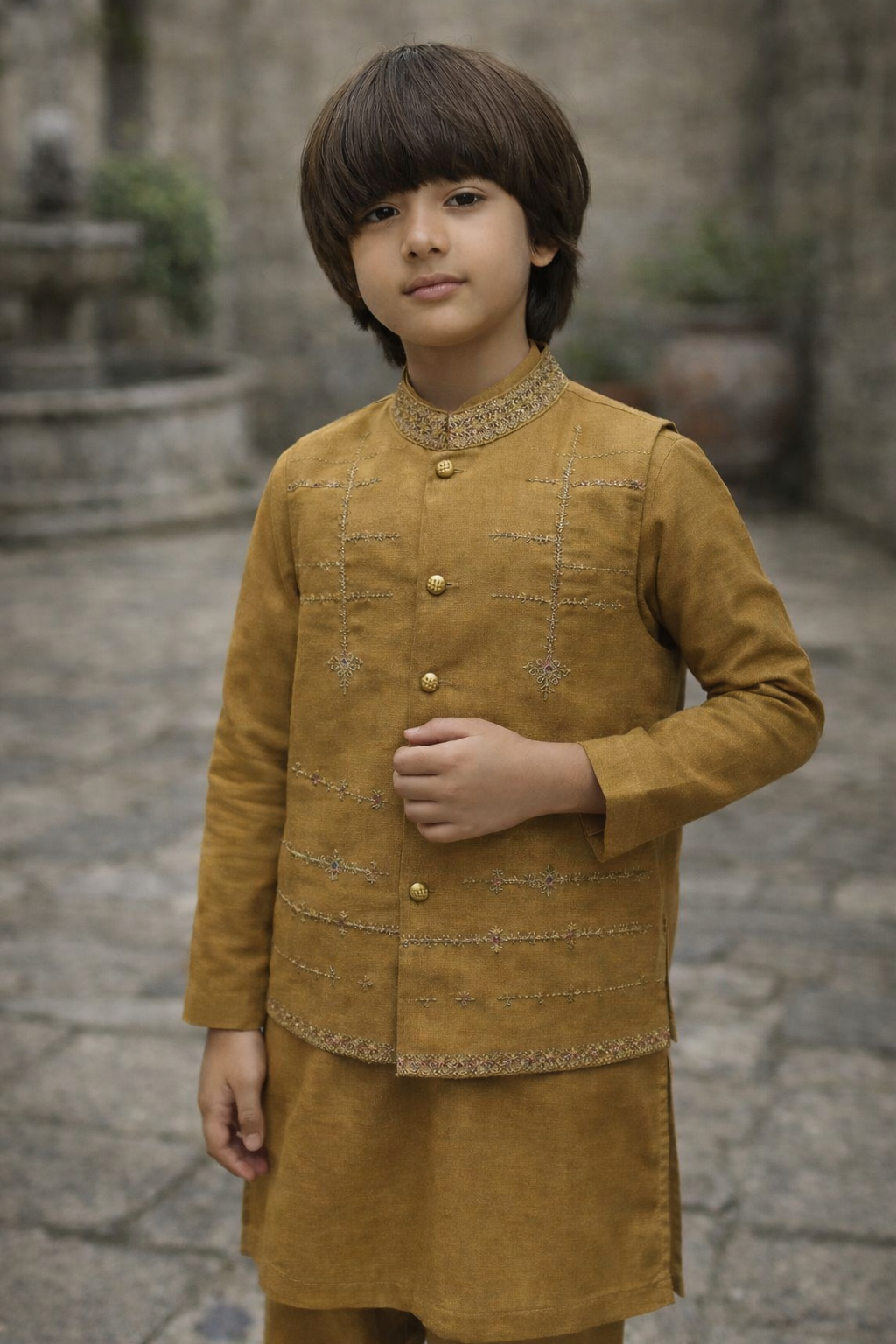 Boys 3 Piece Waistcoat Suit – Kurta Shalwar/Pajama Set - Art 173 Mustard - Maa Sadqay