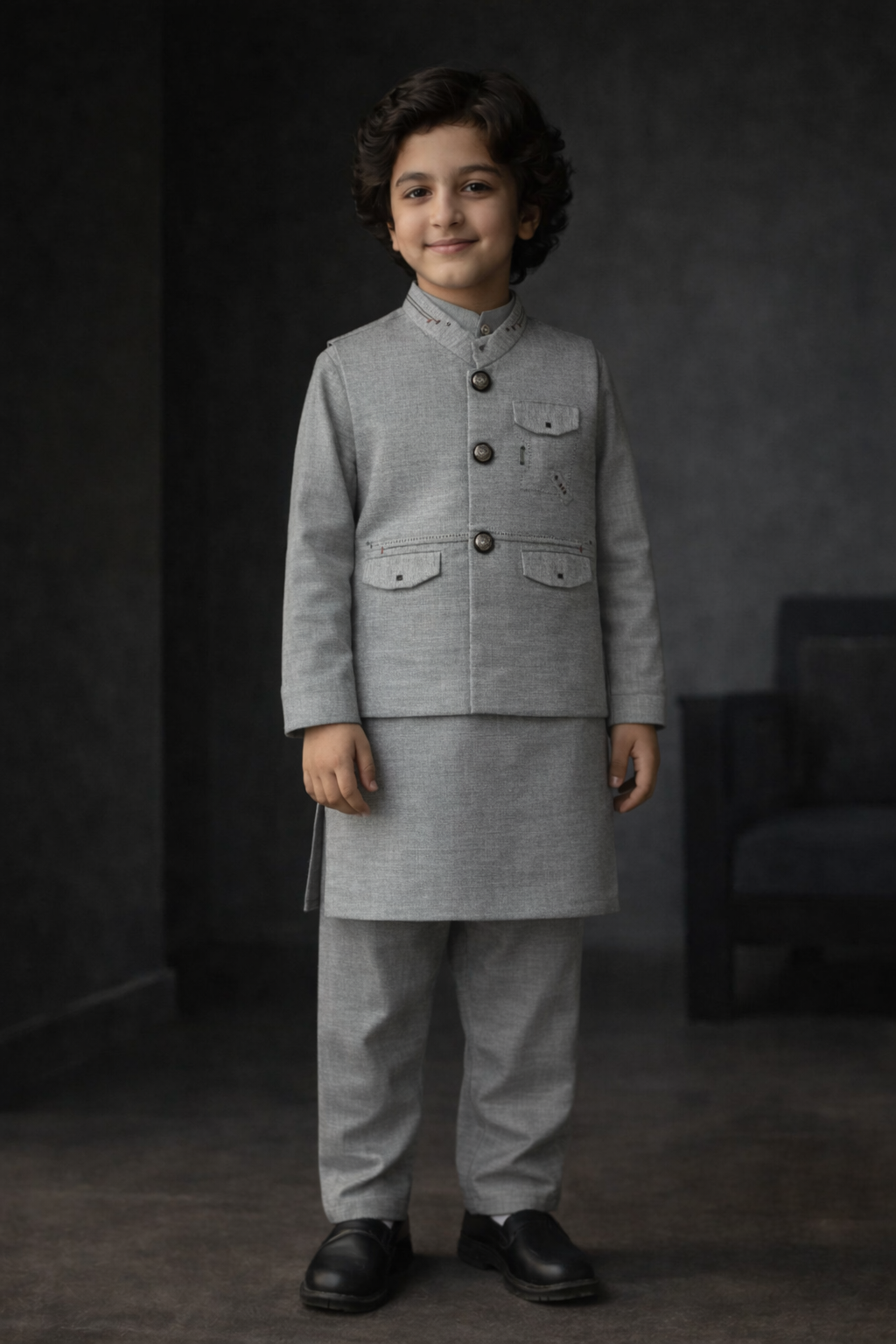 Boys Premium 3 Piece Waistcoat Suit – Kurta Shalwar/Pajama Set - Art 260 Grey - Maa Sadqay