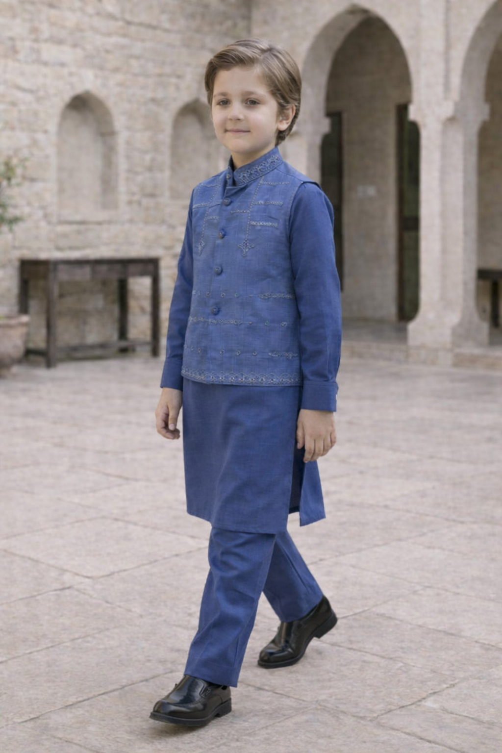 Boys 3 Piece Waistcoat Suit – Kurta Shalwar/Pajama Set - Art 173 Blue - Maa Sadqay