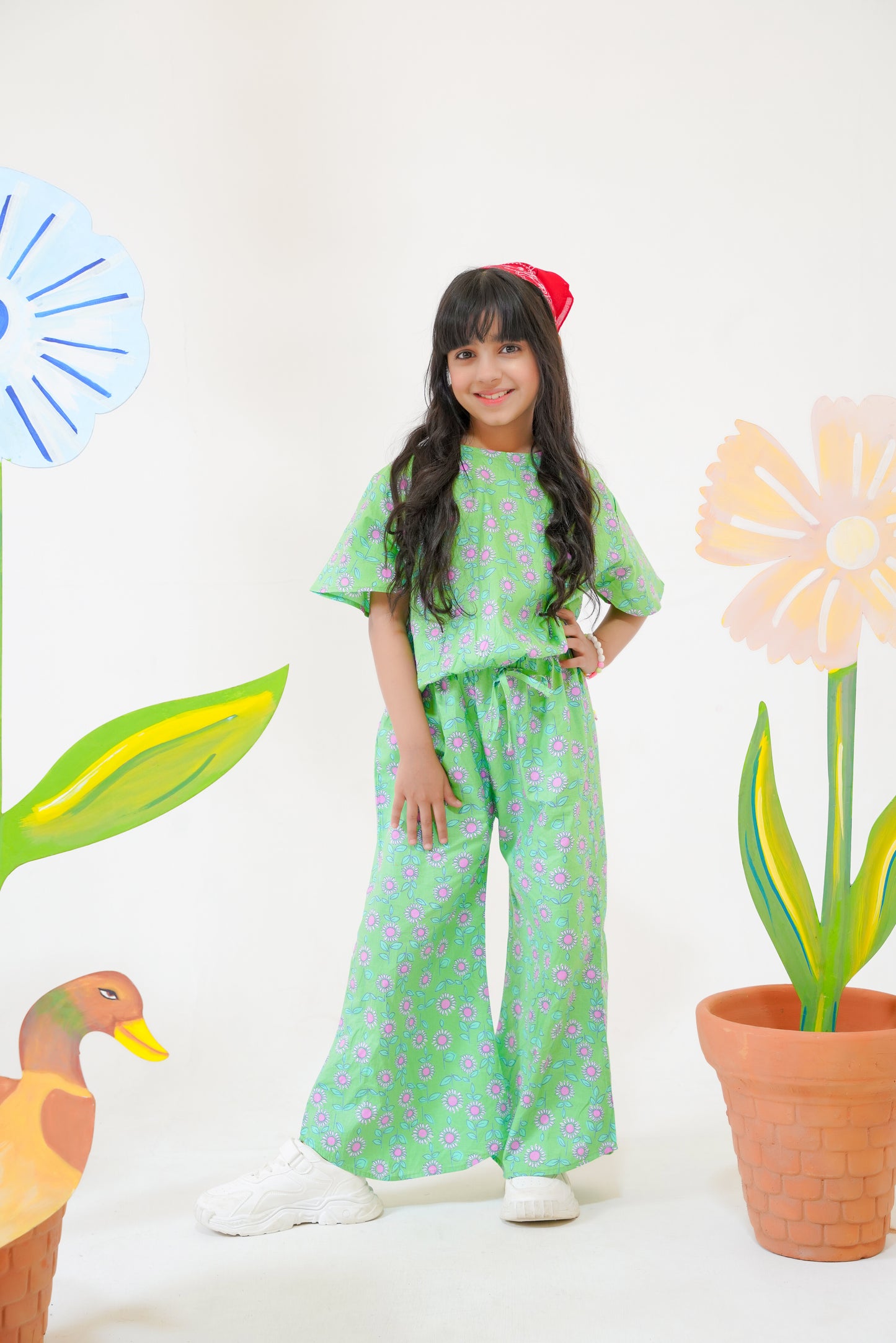 Green with Pink Flowers crop-top with Bell Bottom -CT133