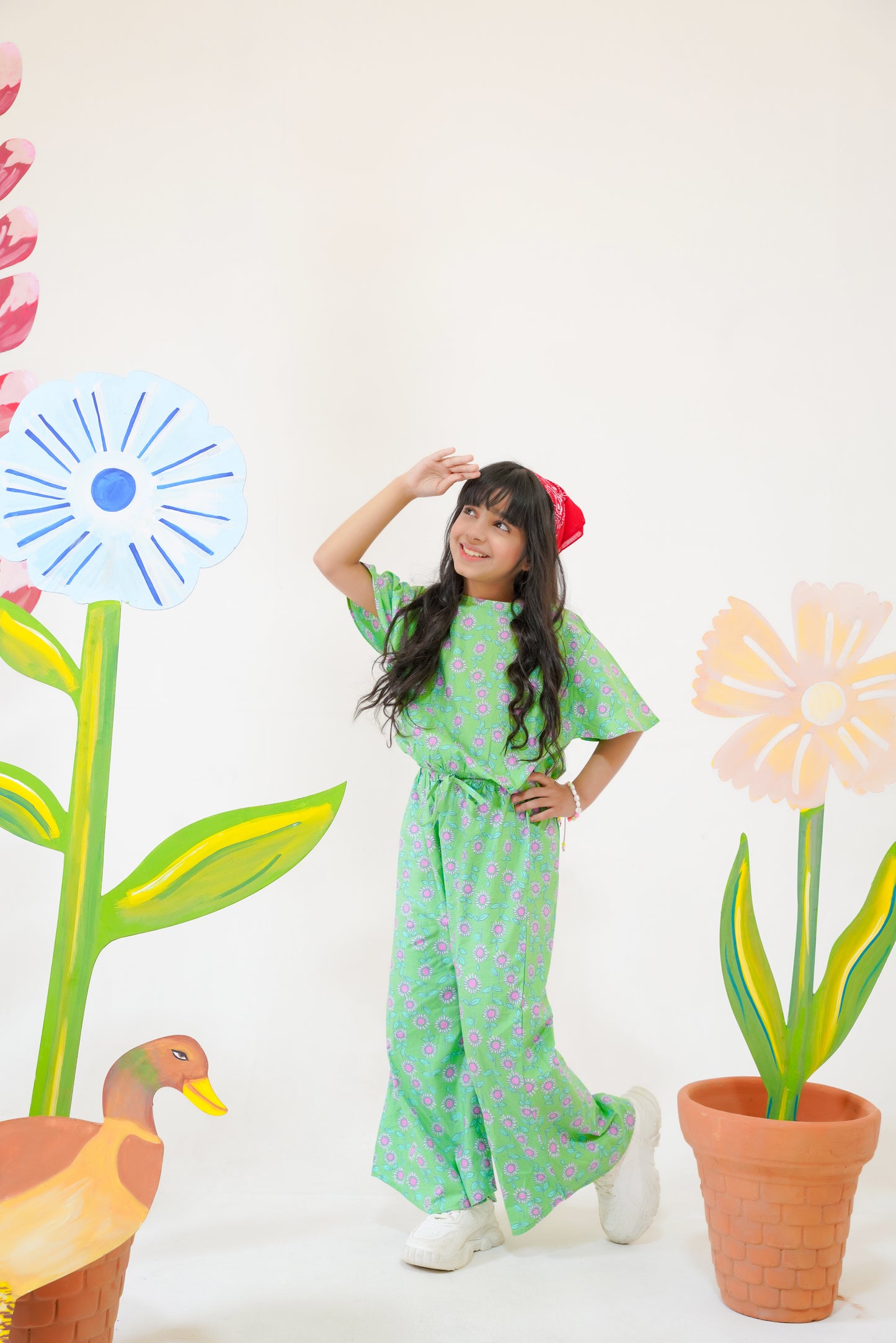 Green with Pink Flowers crop-top with Bell Bottom -CT133