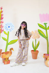 Purple with Yellow Flowers crop-top with Bell Bottom -CT146