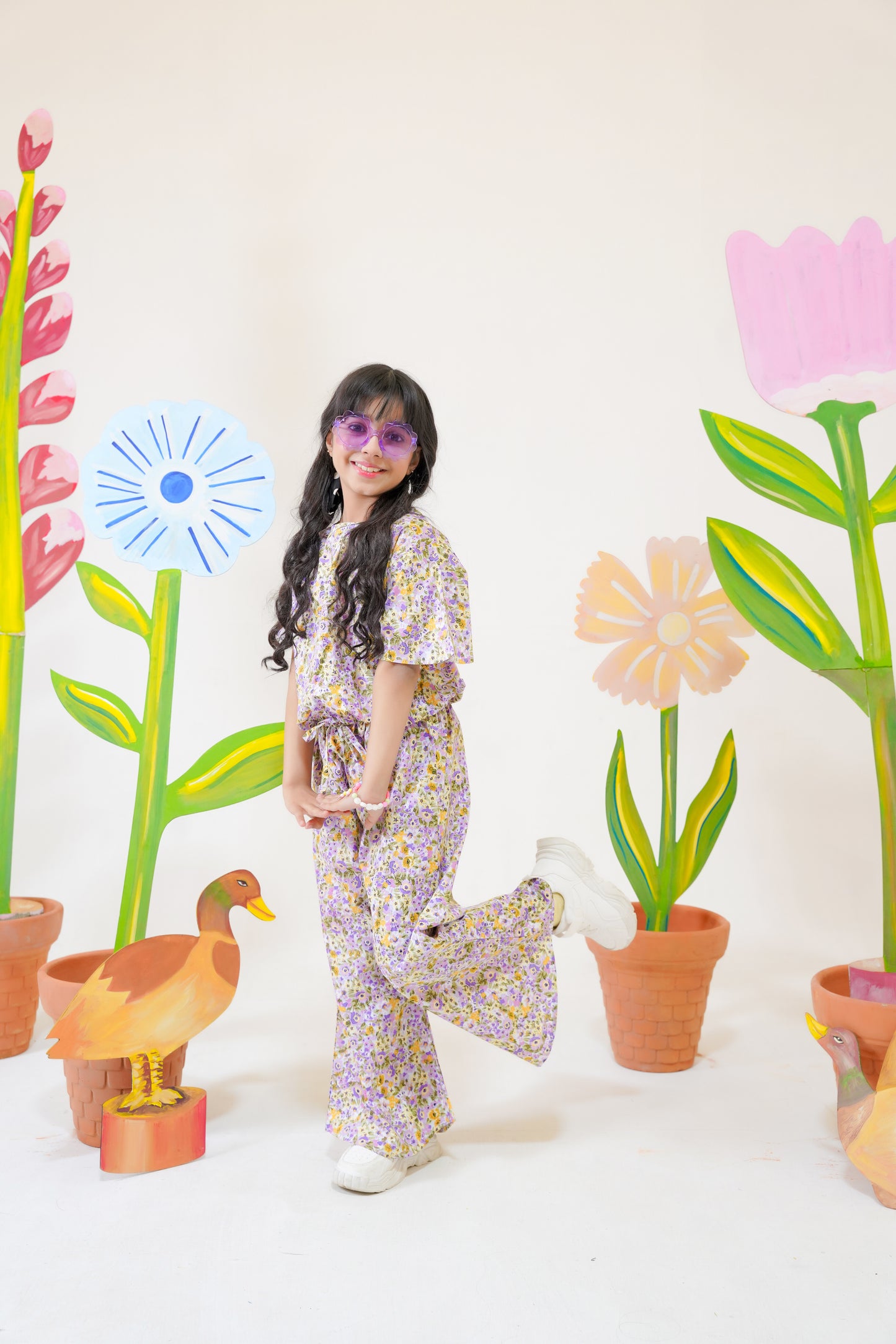 Purple with Yellow Flowers crop-top with Bell Bottom -CT146