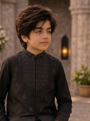 Boys Premium Al karam 3 Piece Waistcoat Suit – Kurta pajama Set - Art D200 Black